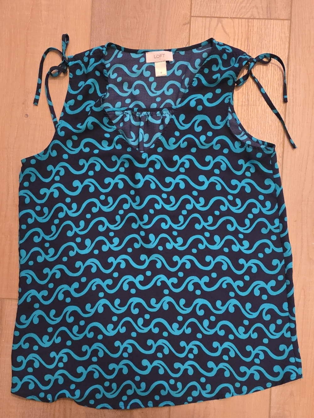 LOFT Outlet Teal Wave-Print Baby Sleeveless Tie-Shoulder Top Size Small